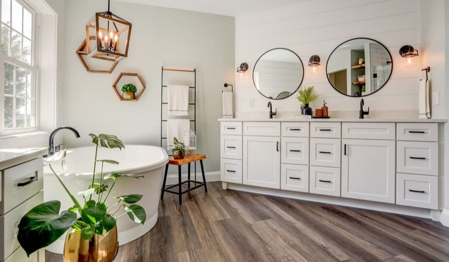 Double vanity and tub in Landisville bathroom remodel