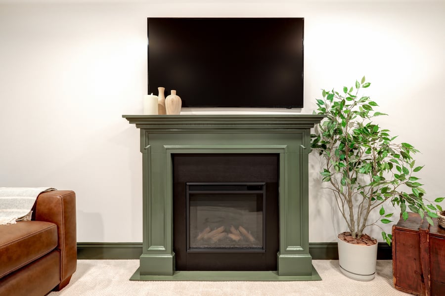 Lancaster Basement remodel with fireplace and green suround