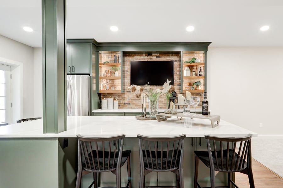 Lancaster Basement Bar with Large quartz island with seating