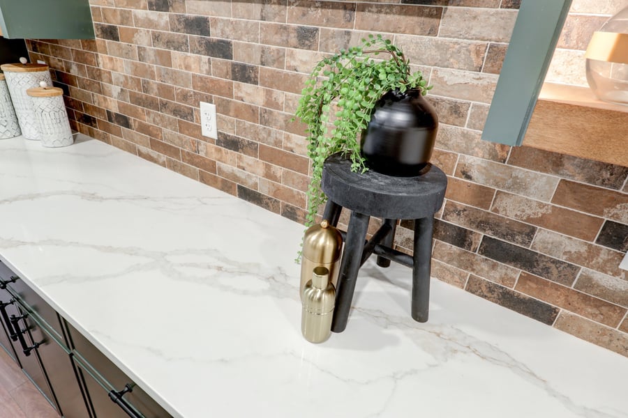 brick backsplash and quartz countertop in Lancaster Basement remodel