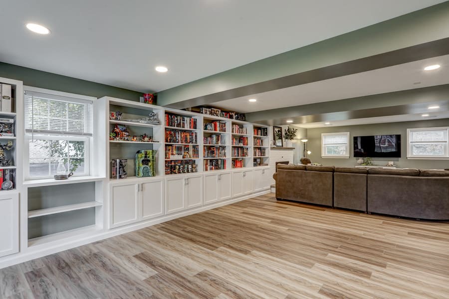 Lititz Basement Remodel with built in shelves