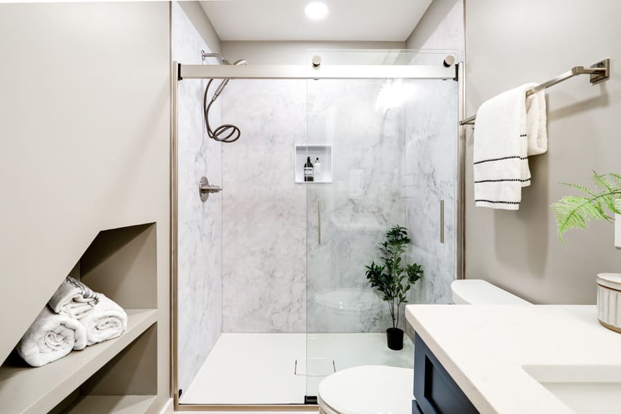 Walk in shower with built in shelves in Lititz Basement Remodel