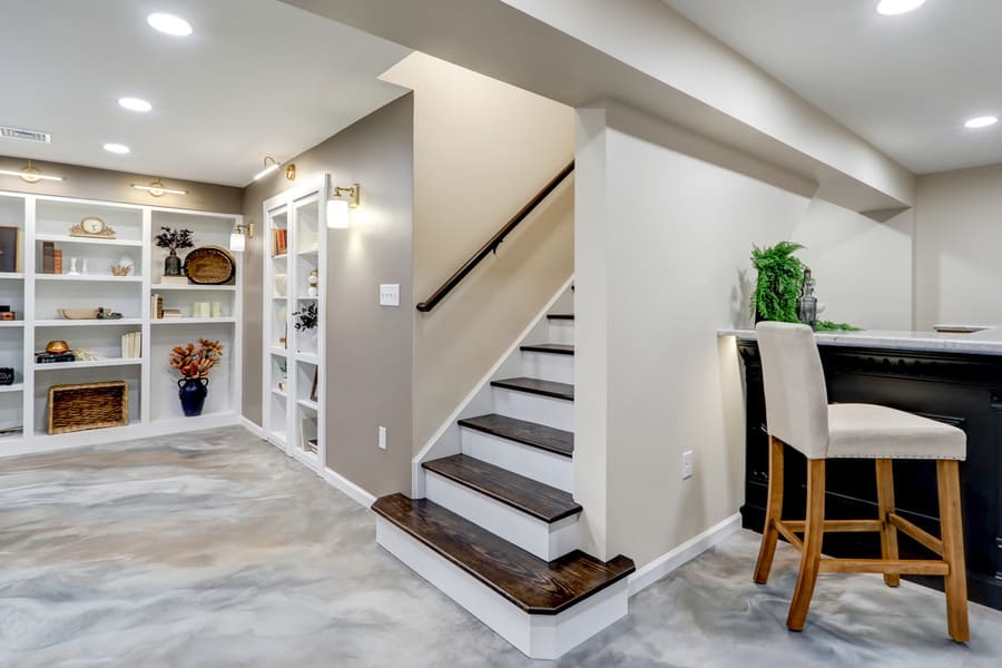 Elizabethtown Basement Remodel with dark wood stairs