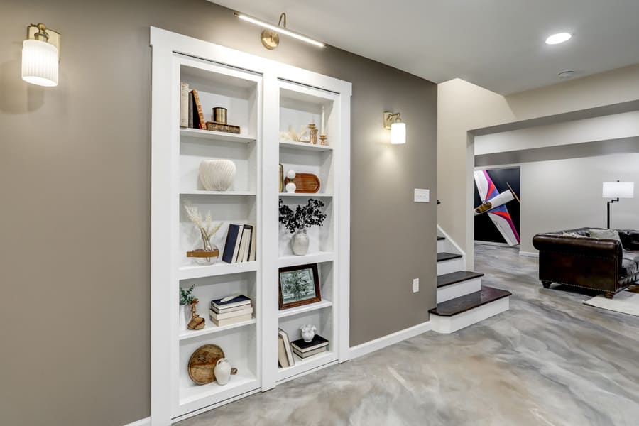Elizabethtown Basement Remodel with built in shelves and murphy door