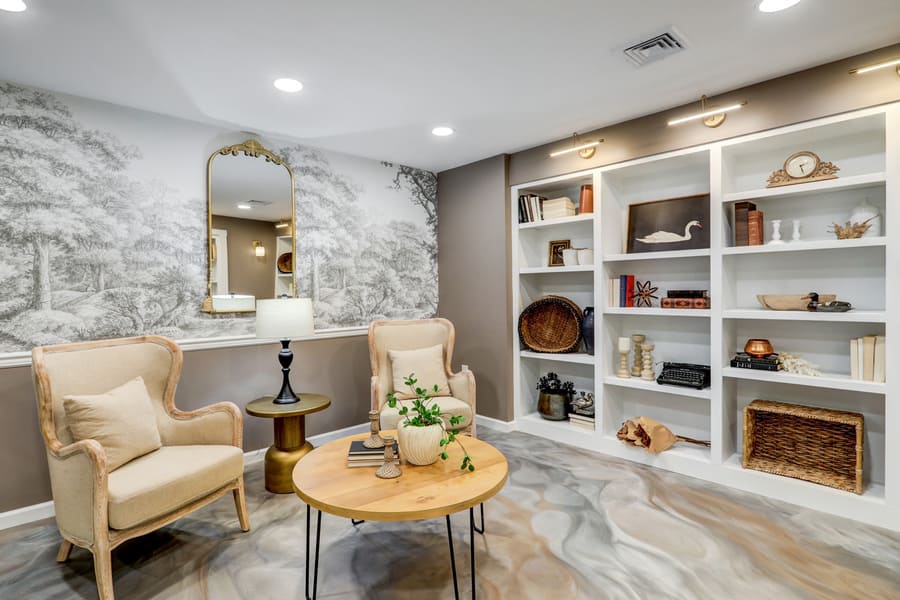 Elizabethtown Basement Remodel with build in shelves and wallpaper