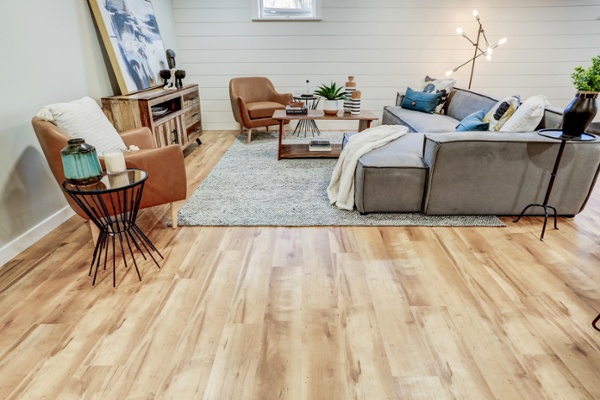 Wood-like LVT flooring in Lancaster basement remodel