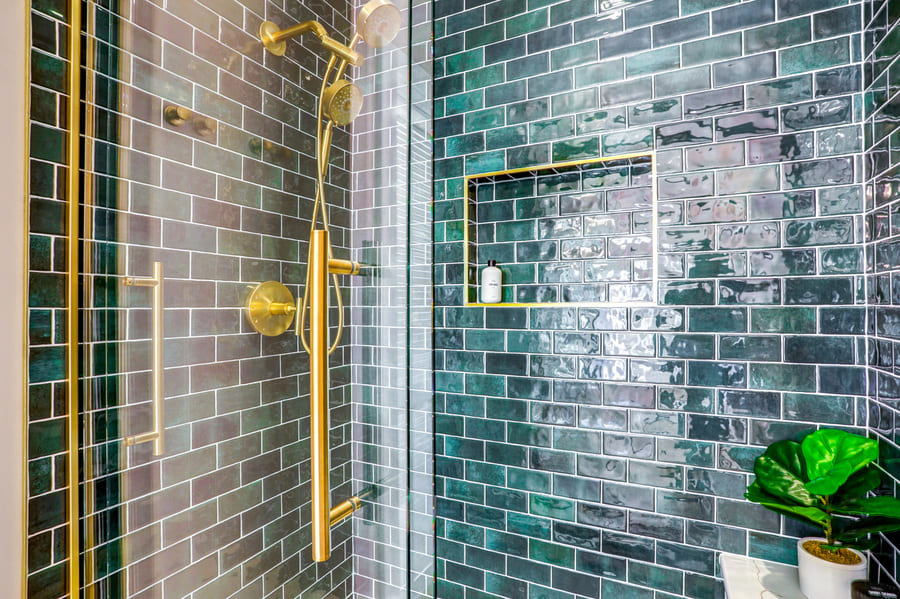 Lancaster Primary Bathroom Remodel with green tile shower