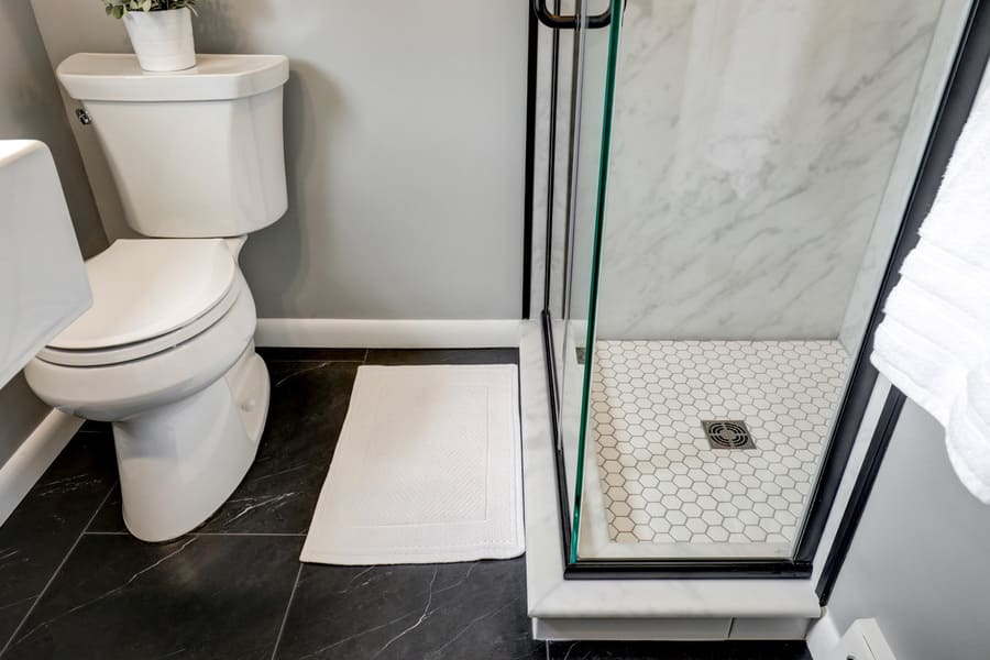 Lancaster Bathroom remodel with black tile flooring