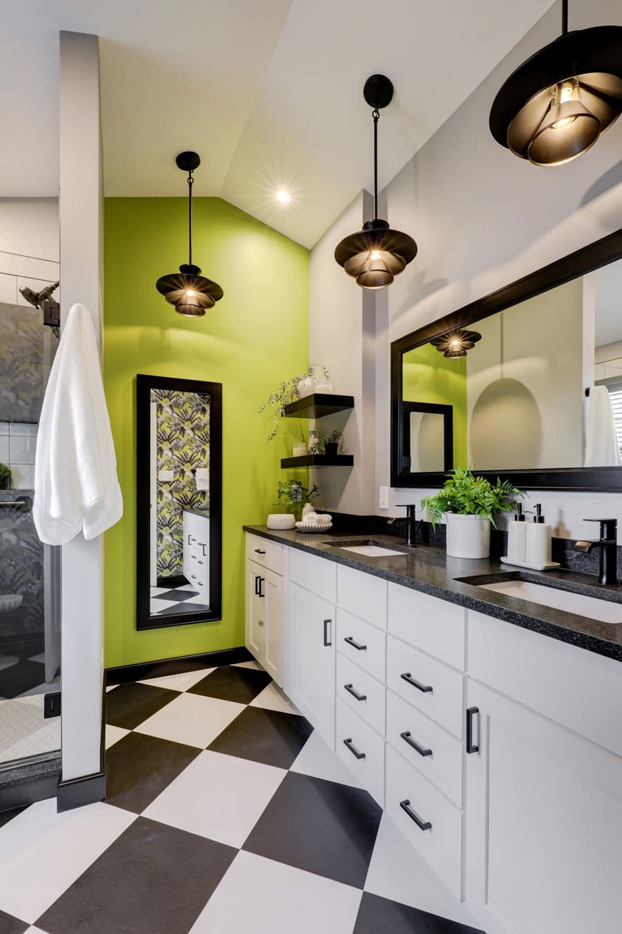 Lancaster Bathroom remodel with bold green paint and stylish lighting