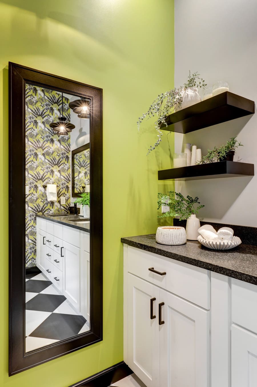 Lancaster Bathroom remodel with full length mirror and open shelves
