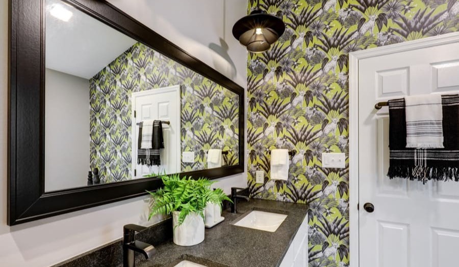 Lancaster Bathroom Remodel with fun wallpaper accent
