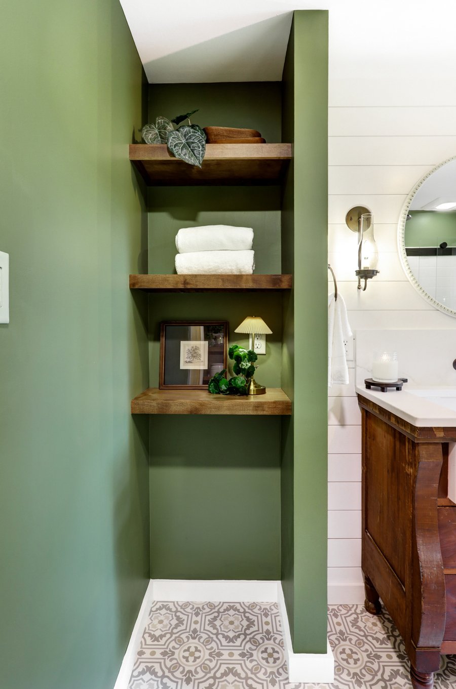 Landisville bathroom remodel with open wood shelves