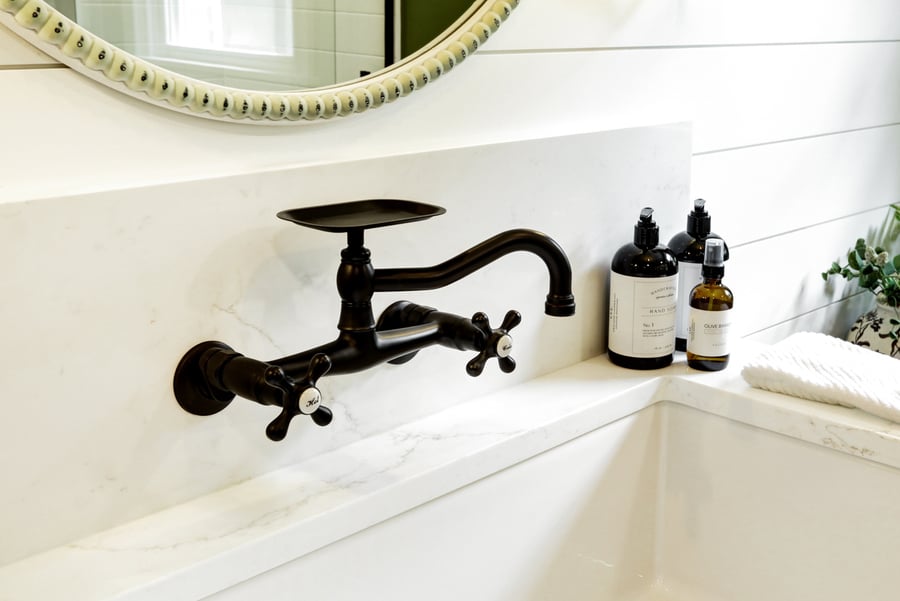 Landisville bathroom remodel with matte black vintage inspired faucet