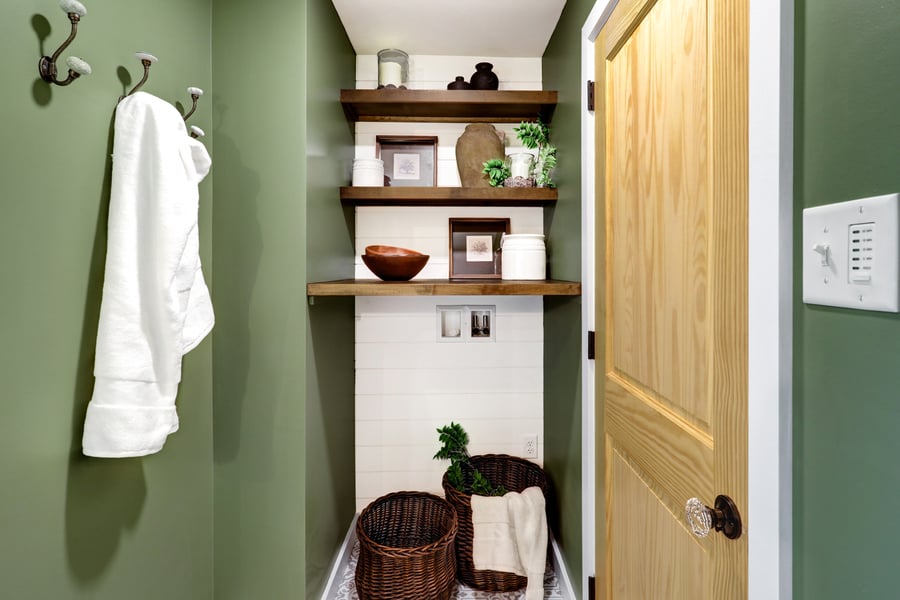 Landisville bathroom remodel with open shelves