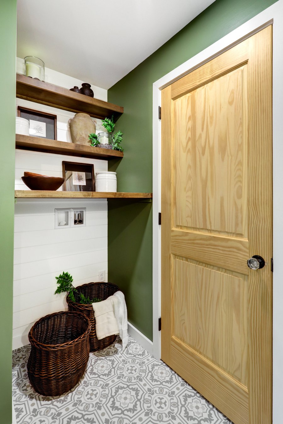 Landisville bathroom remodel with wood shelves