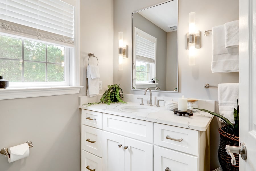 white shaker vanity in lancaster primary bathroom remodel