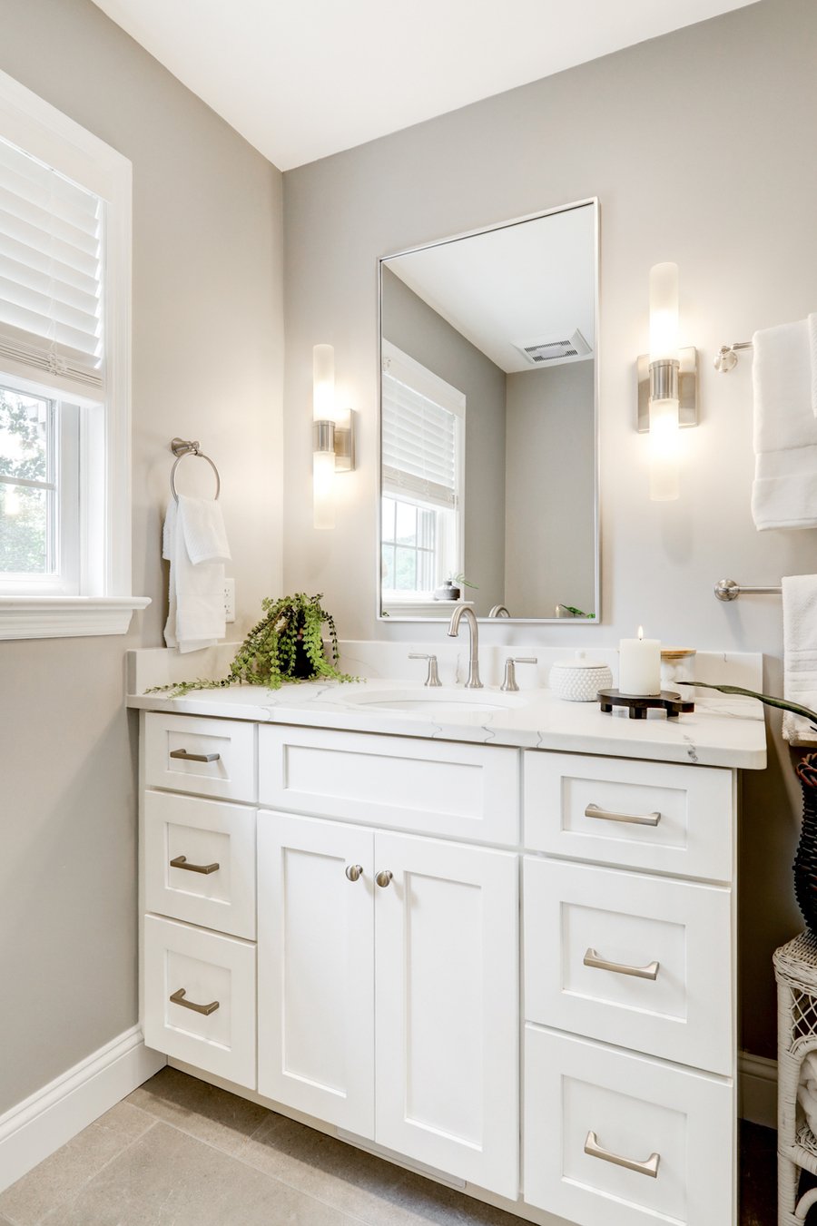 white vanity in lancaster bathroom remodel