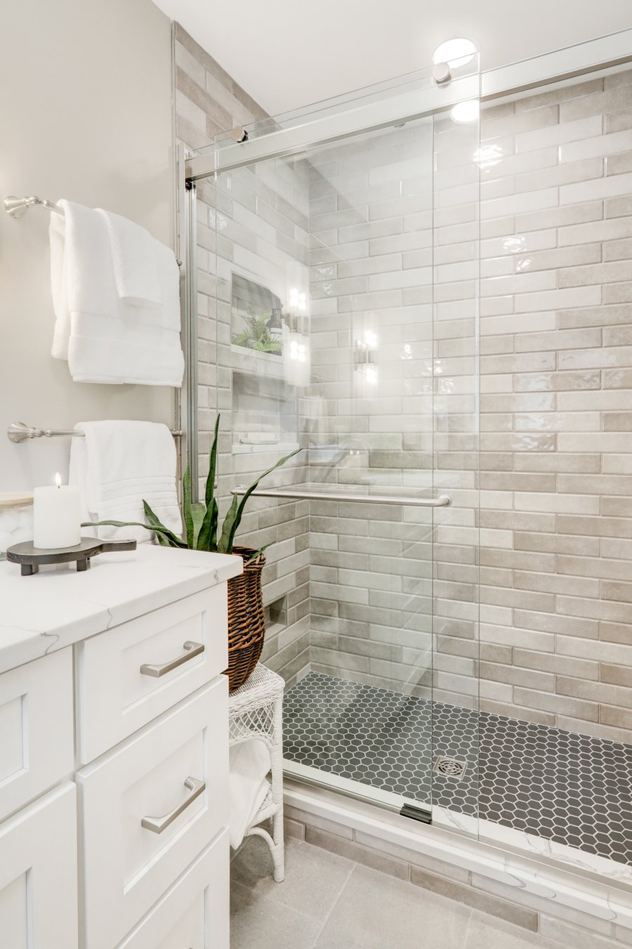 Lancaster Bathroom remodel with gray subway tile shower