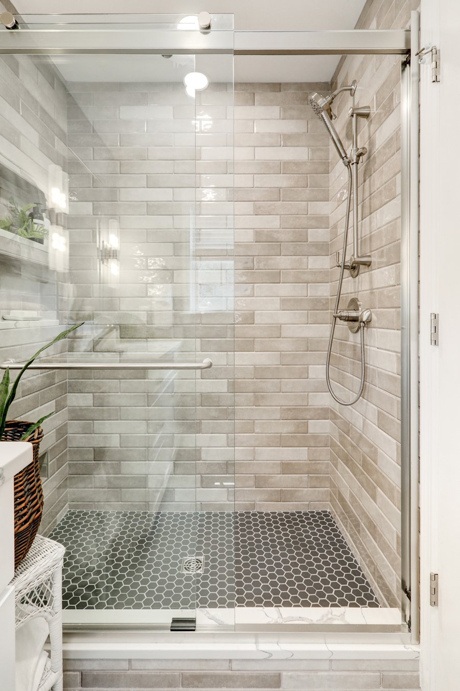 Gray shower tile in lancaster primary bathroom remodel