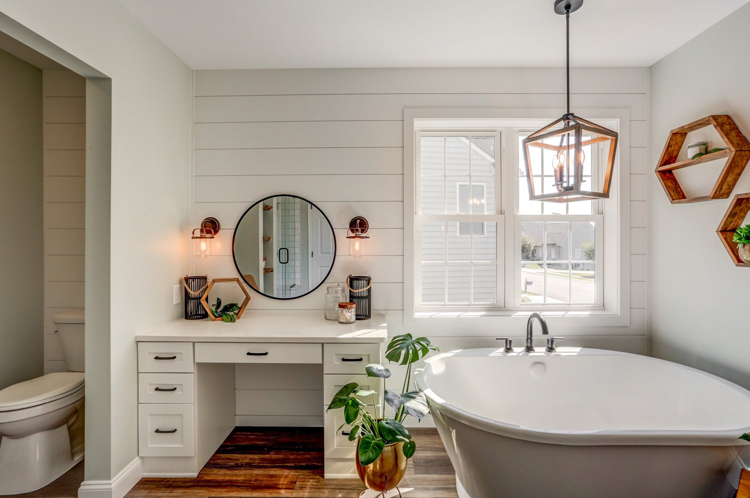 Landisville Primary Bathroom Remodel with makeup vanity and freestanding bathtub