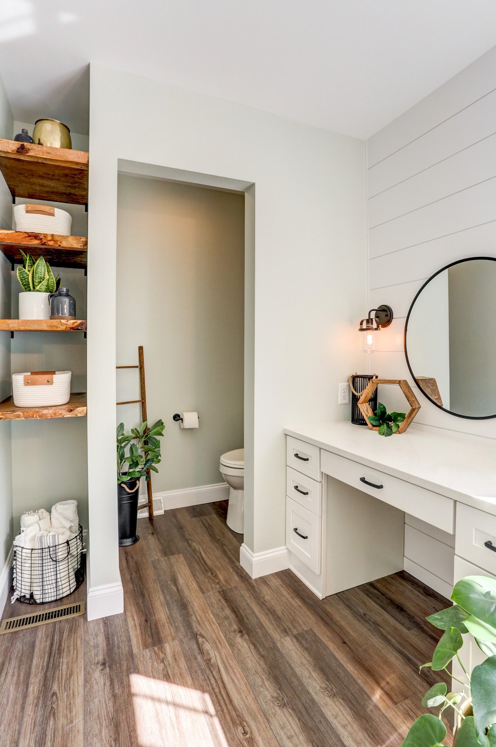 Landisville Primary Bathroom Remodel with open built in shelves