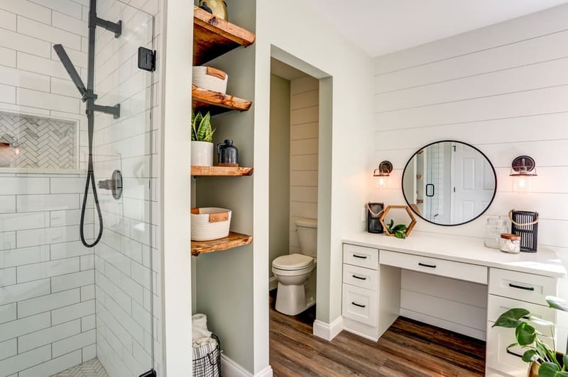 Live edge open shelves in Landisville master bathroom remodel