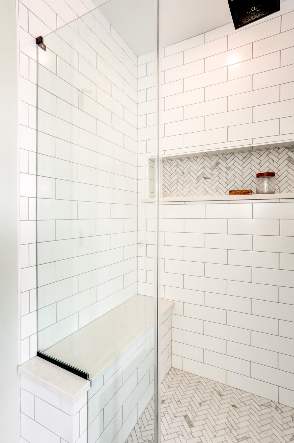 Landisville Primary Bathroom Remodel with tile shower and bench seat