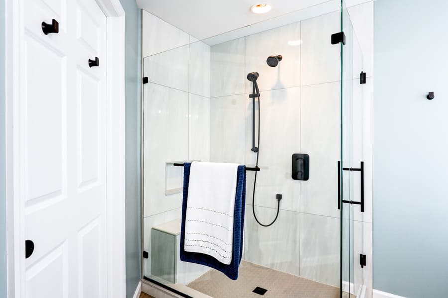 Lititz Primary Bathroom Remodel with large tile shower with glass surround