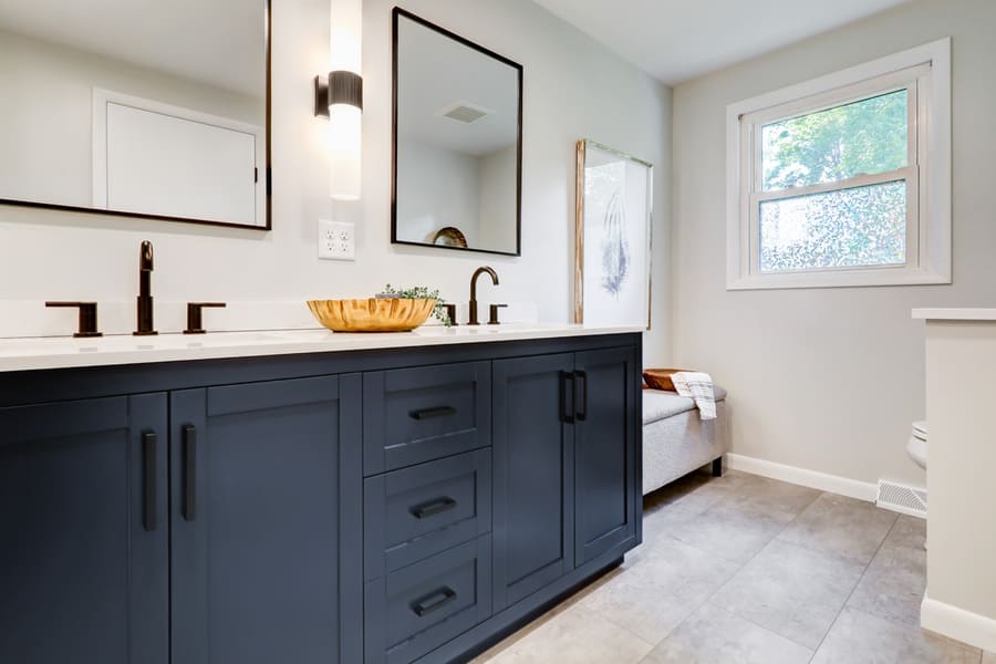 dark blue vanity in Lancaster Primary Bathroom Remodel