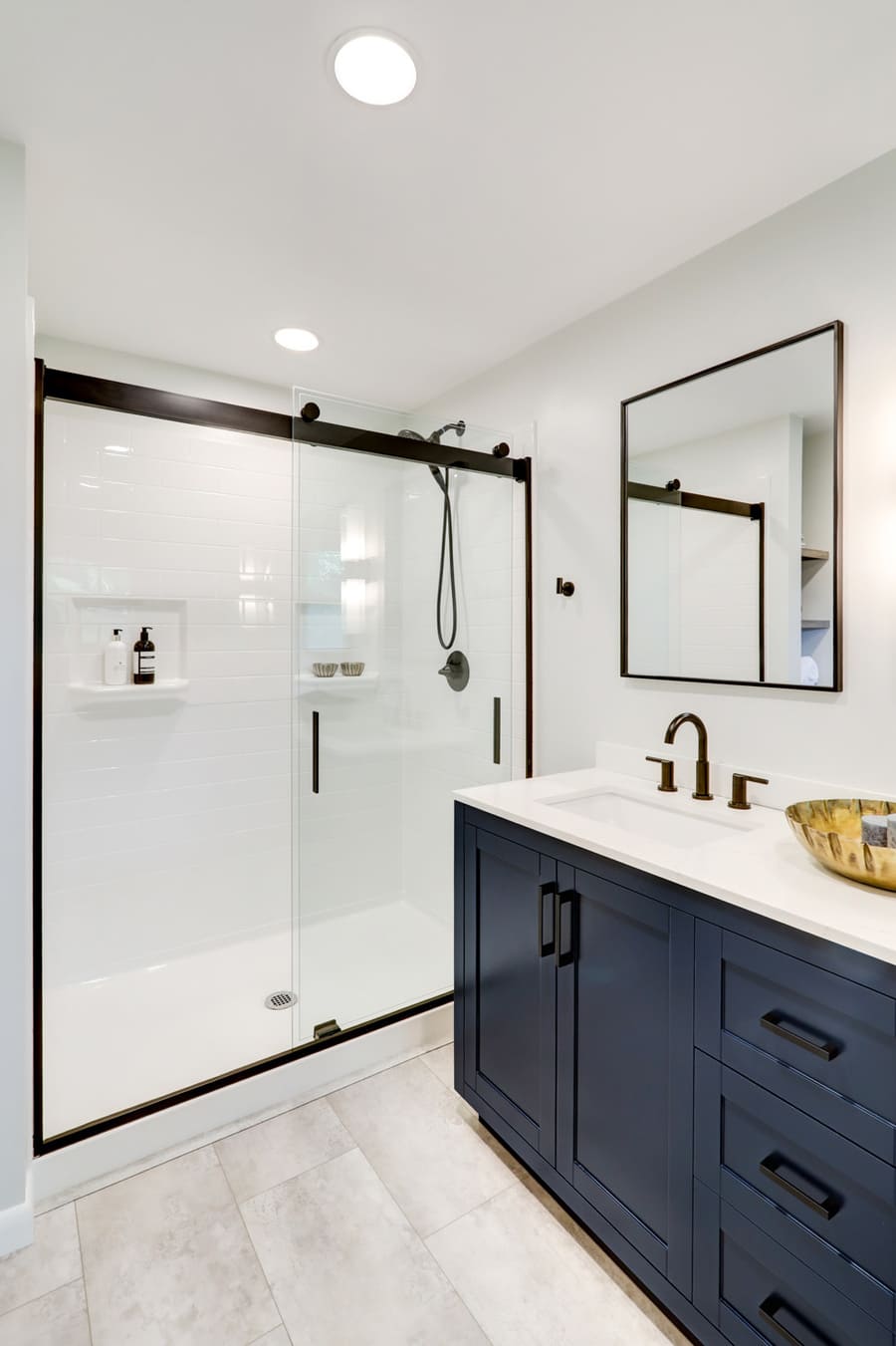 shower with matte black accessories in Lancaster Primary Bathroom Remodel