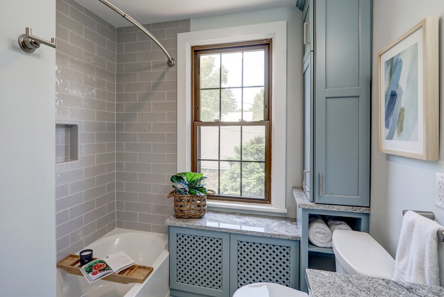 Lancaster Bathroom Remodel with blue cabinets
