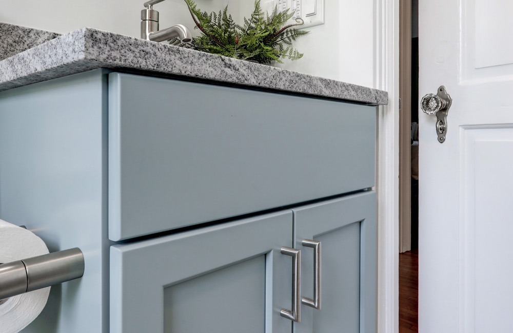Lancaster Bathroom Remodel with blue cabinets