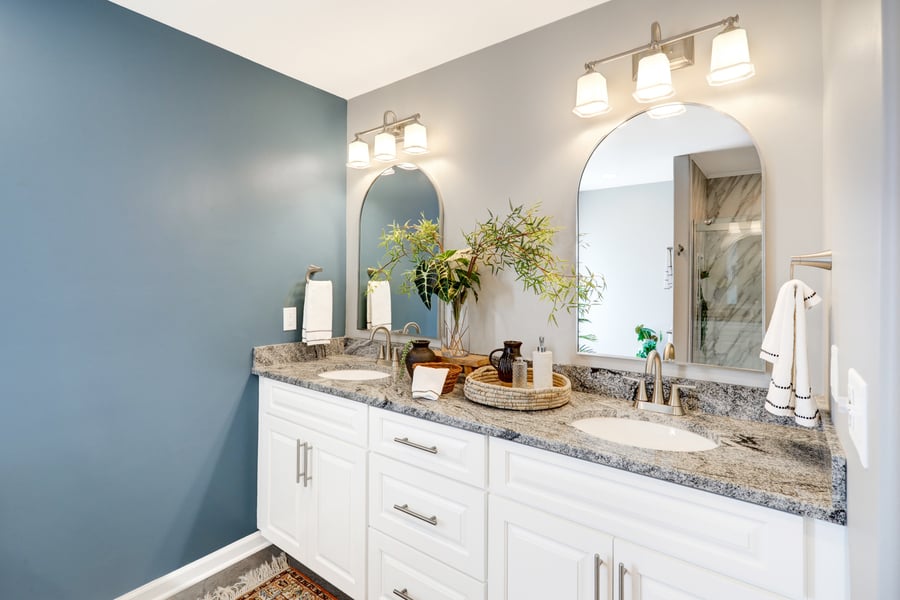 Blue accent wall in Lancaster Bathroom remodel
