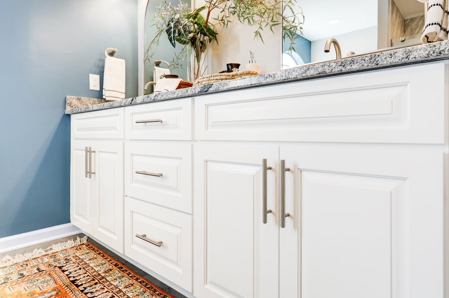white vanity with brushed nickel hardware in lancaster bathroom remodel