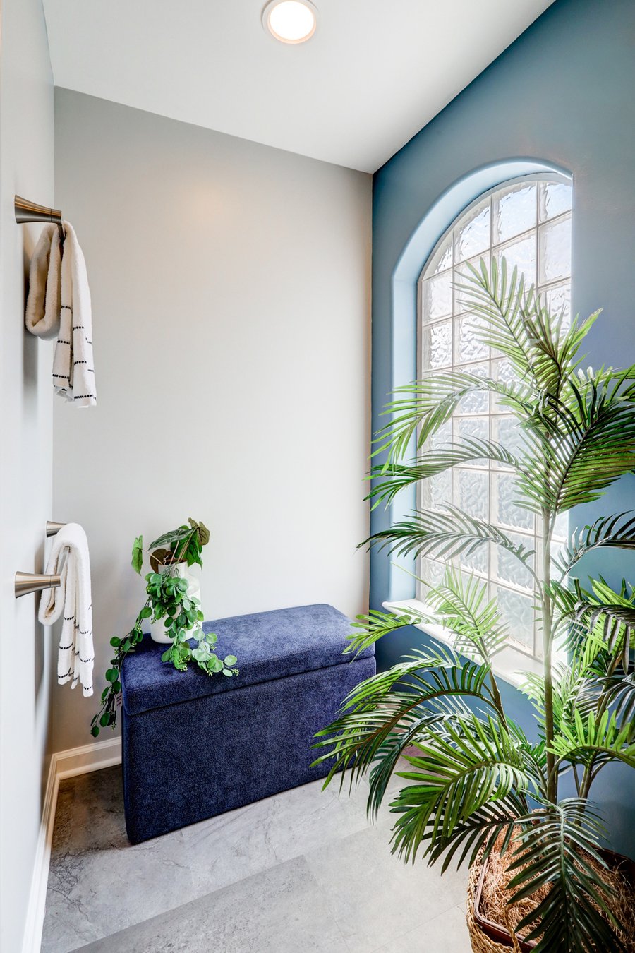 Lancaster bathroom remodel with nook and frosted glass arched window