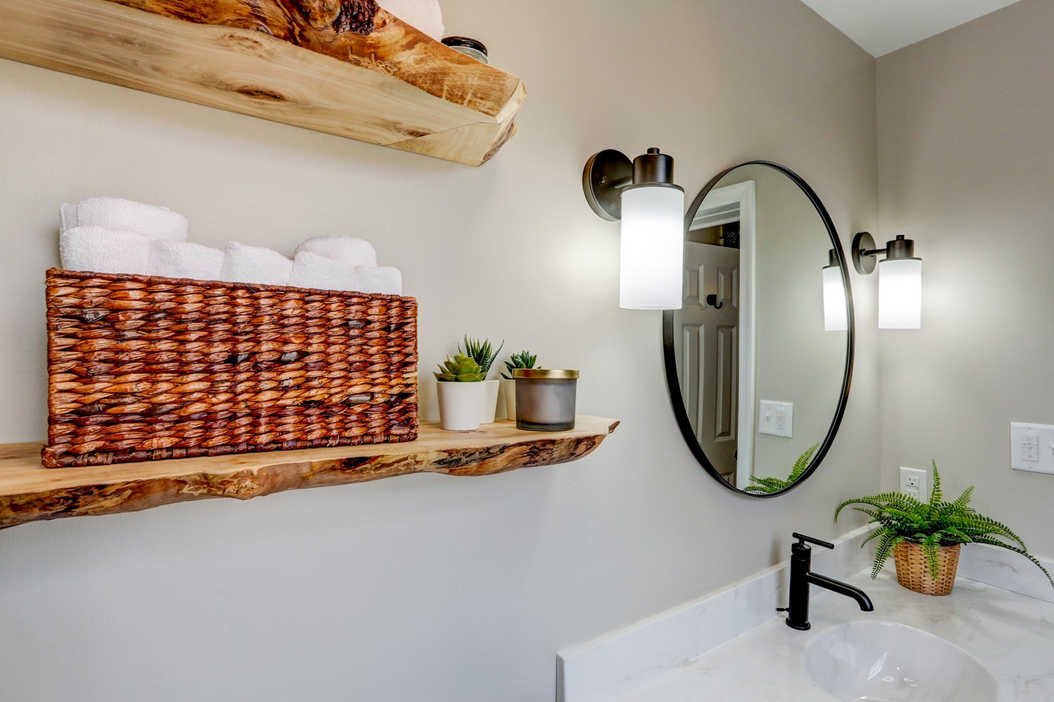 Lancaster Bathroom Remodel with floating wood shelves