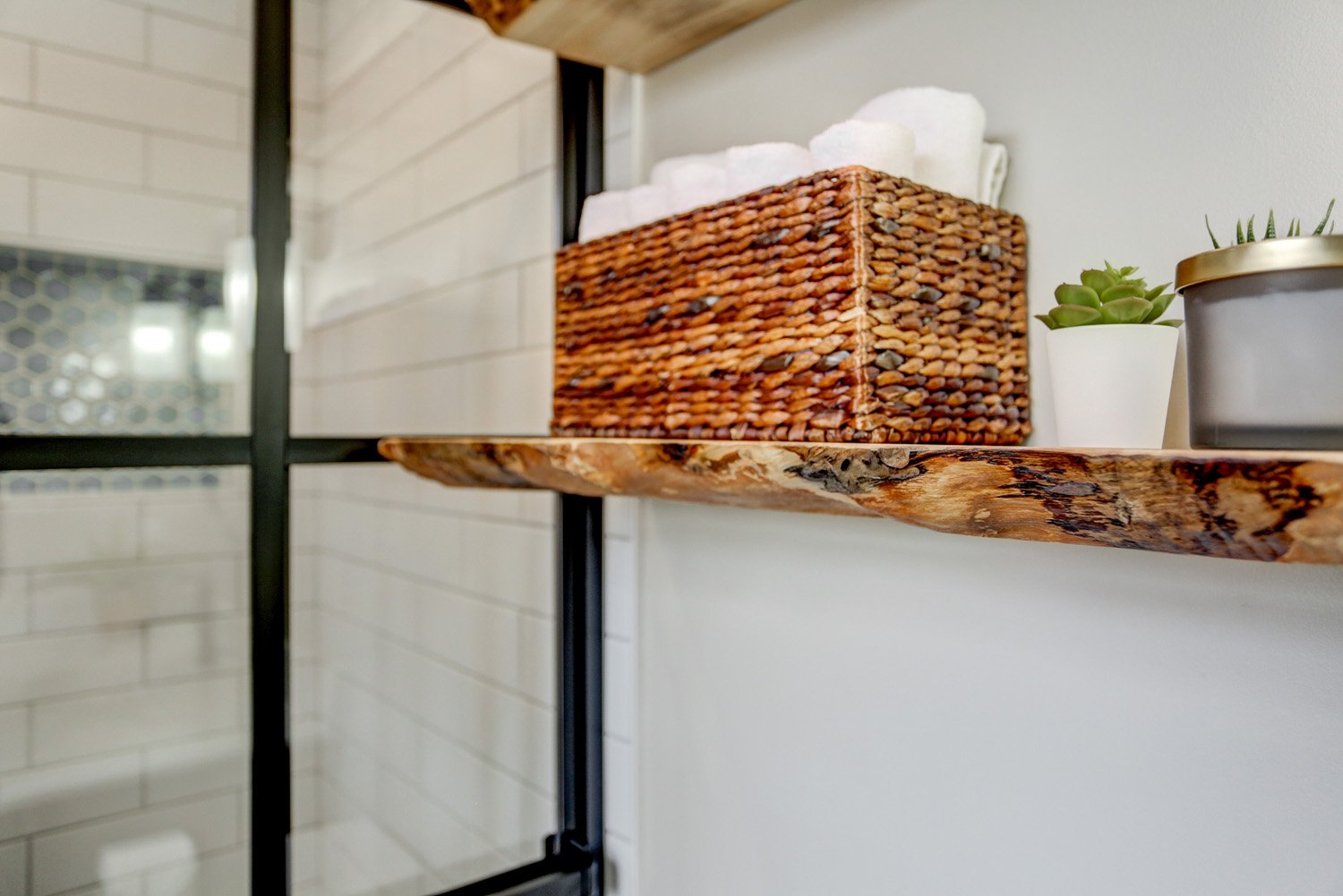 Lancaster Bathroom Remodel with live-edge wood shelves