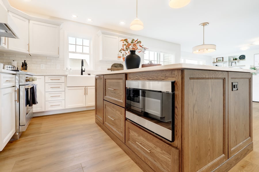 Landisville Kitchen remodel with large brown island with appliances