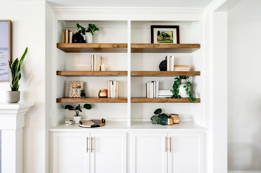 Landisville Living Room Remodel with white cabinets and gold hardware