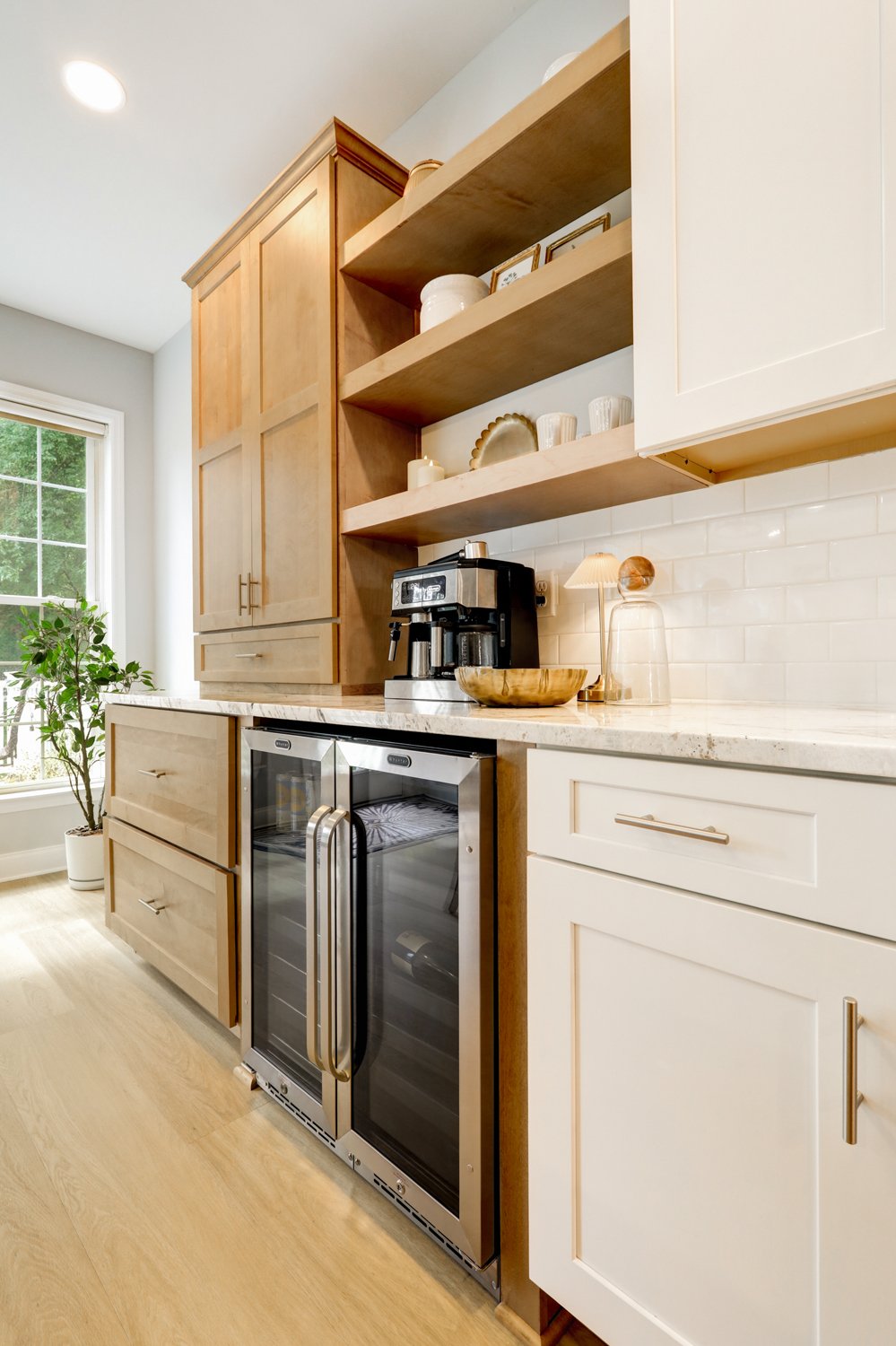 lancaster kitchen remodel with open shelves and beverage fridge