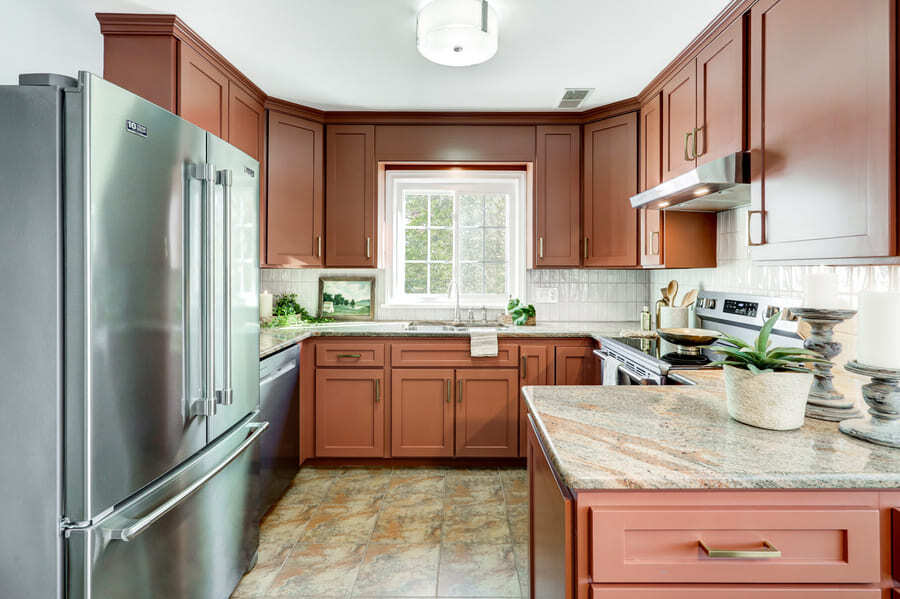 Lancaster Kitchen remodel with cherry red cabinets and quartz countertop