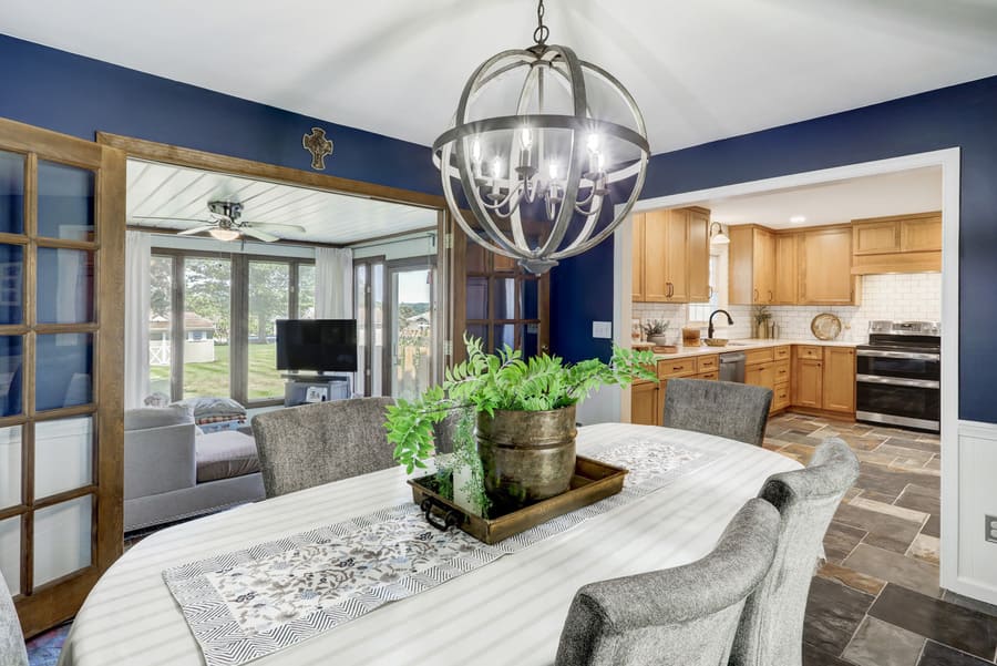 dark blue paint and french doors in Elizabethtown dining room remodel 