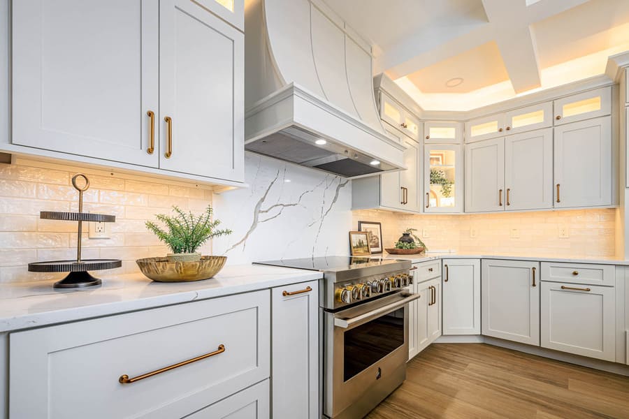 white cabinets and chamagne bronze pulls in Lititz Kitchen Remodel