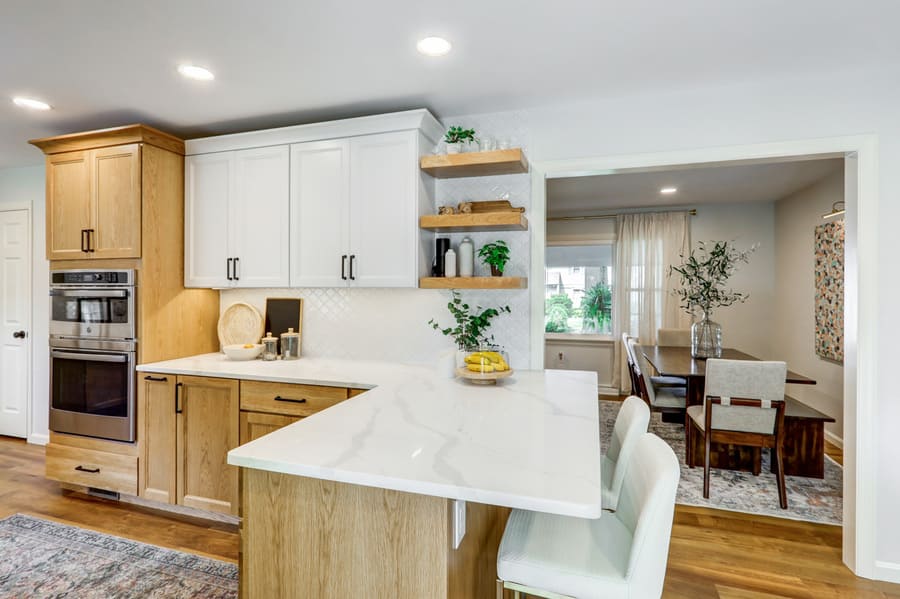 Landisville Kitchen remodel with quartz countertop peninsula and open shelves