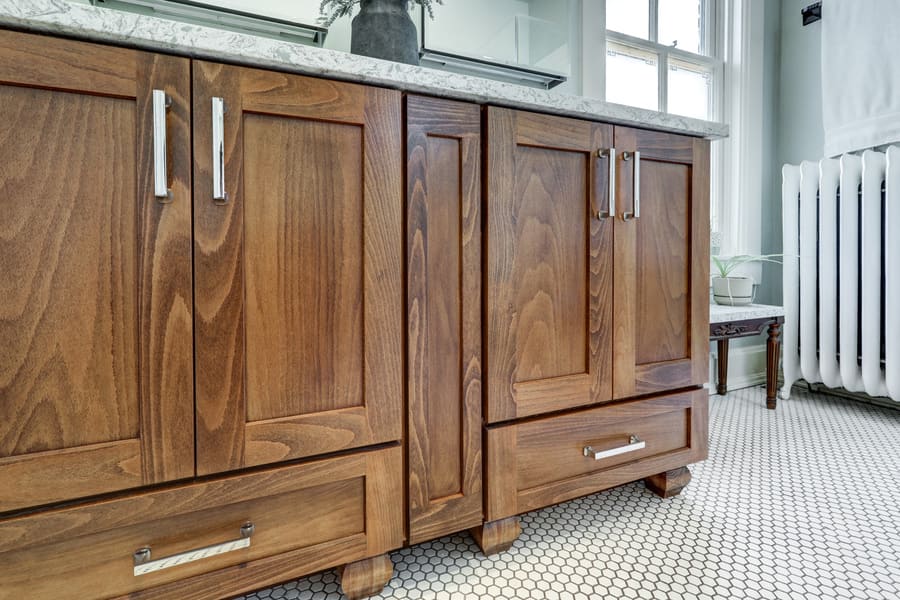 dark wood vanity in Lancaster Primary Bathroom Remodel