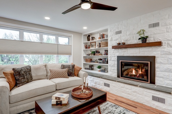 Fireplace makeover and built-in bookshelves in Lancaster, PA home remodel