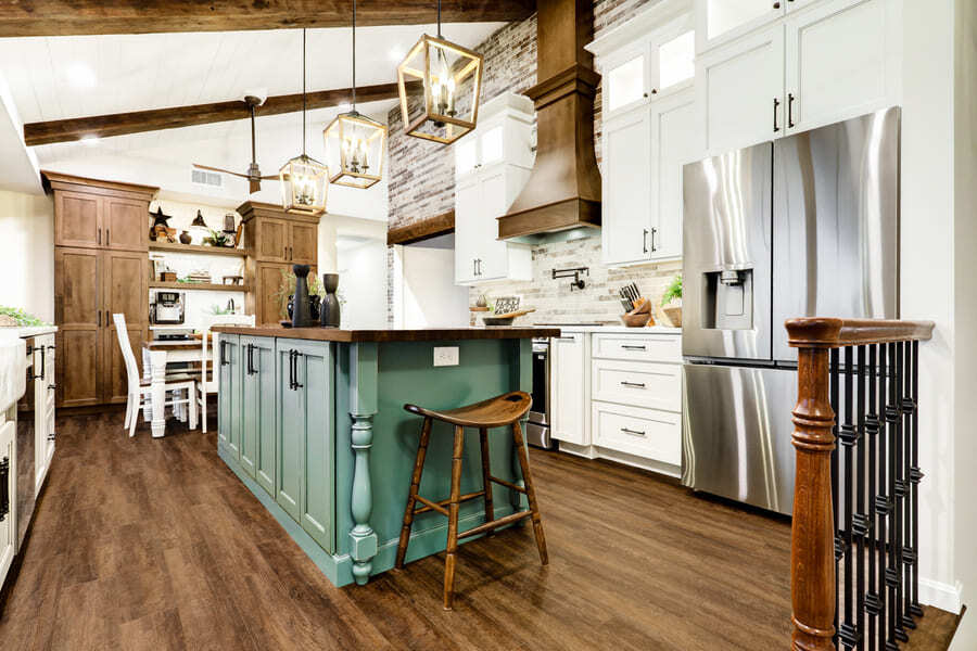 Lancaster Kitchen Remodel with green island and dark brown lvt floor