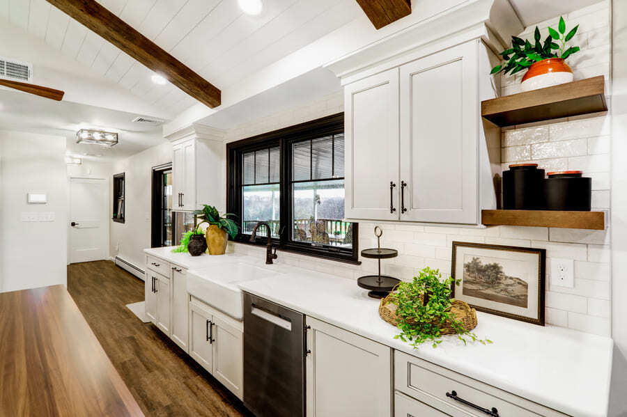 Lancaster Kitchen Remodel with white cabinets and open air shelves