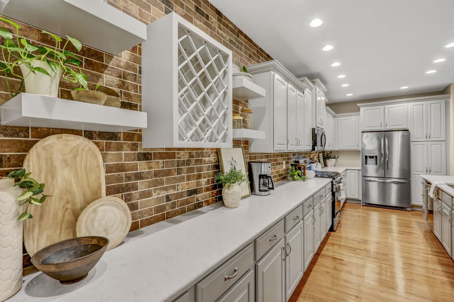 West Lampeter Kitchen Remodel with brick backsplash and open shelves