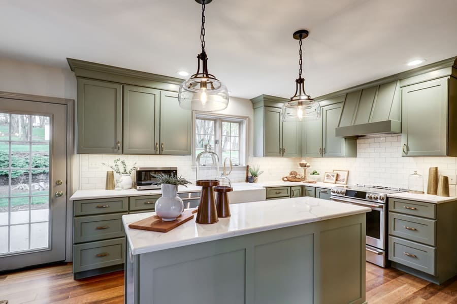 Strasburg Kitchen remodel with green cabinets